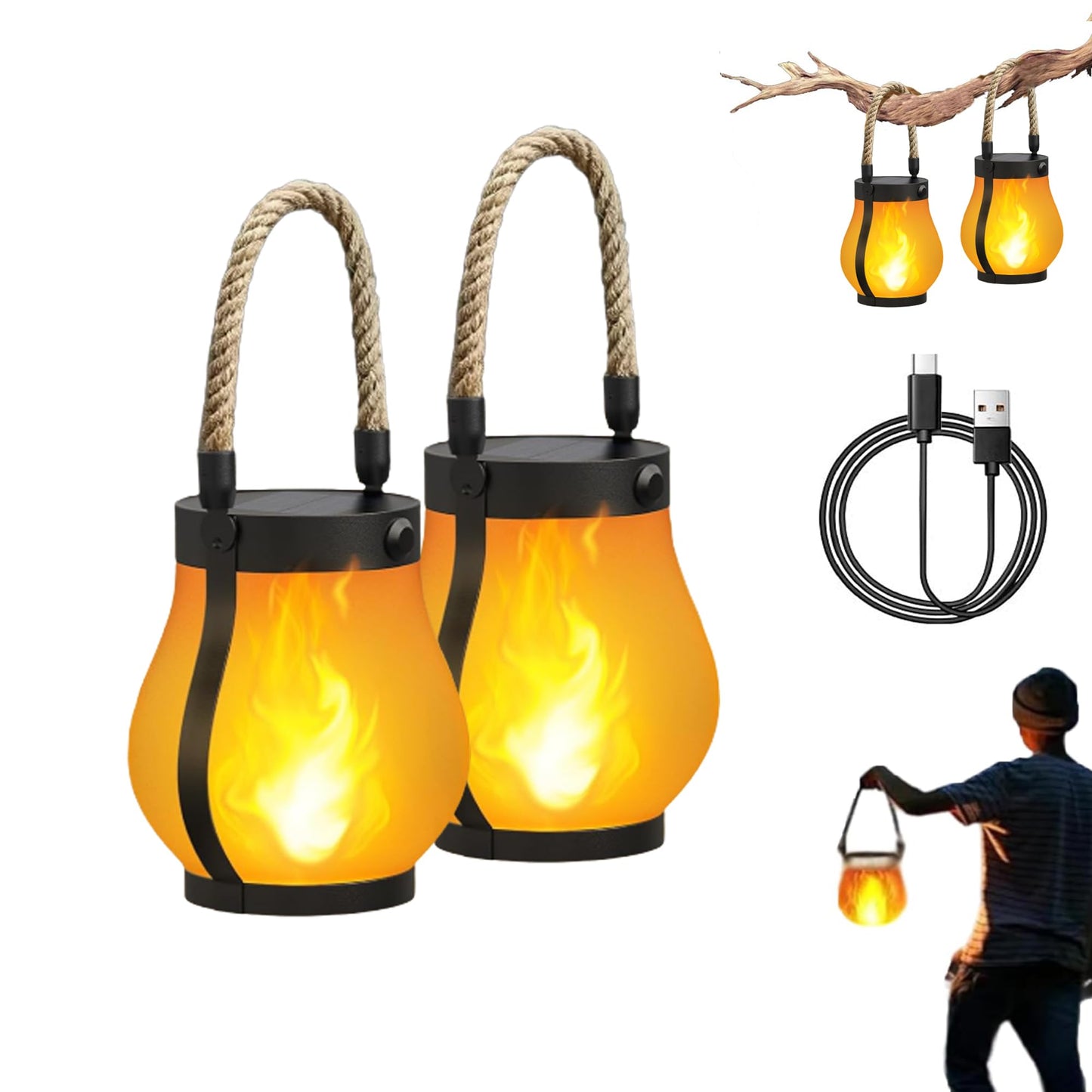Kaliqo Solar Lantern Outdoor Lights - Waterproof Solar-Powered & Usb Rechargeable Outdoor Lantern With Realistic Flickering 3D Flame  Boho Rope Design  Dancing Flame Light For Patio  Yard (2 Pcs)
