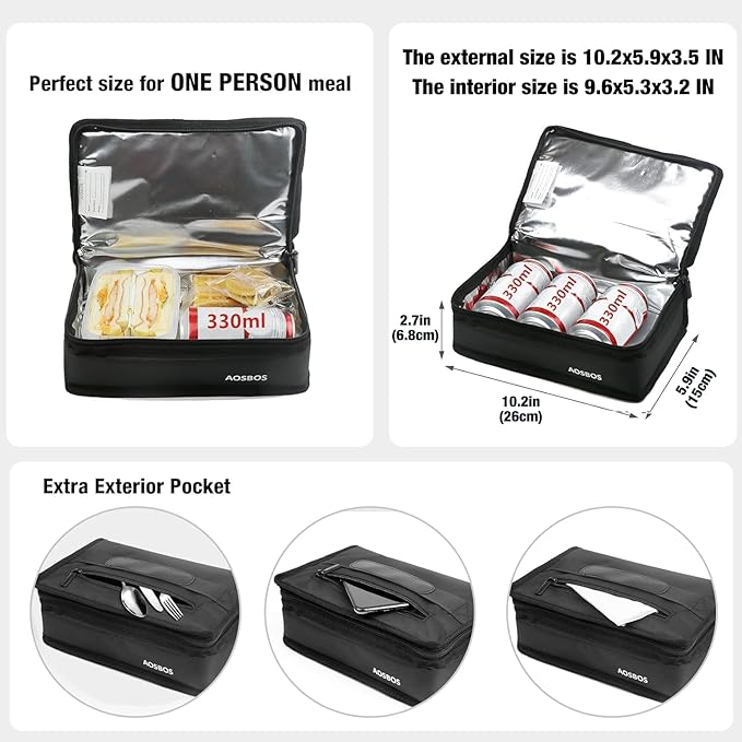 Aosbos Insulated Lunch Bag Small Lunch Box for Men Women Compact Lunch Bags Mini Food Storage Bag Flat Cooler Bag Thin Lunchbox Black Reusable Sandwich Bags Portable Snack Bag Tiny Thermal Bag