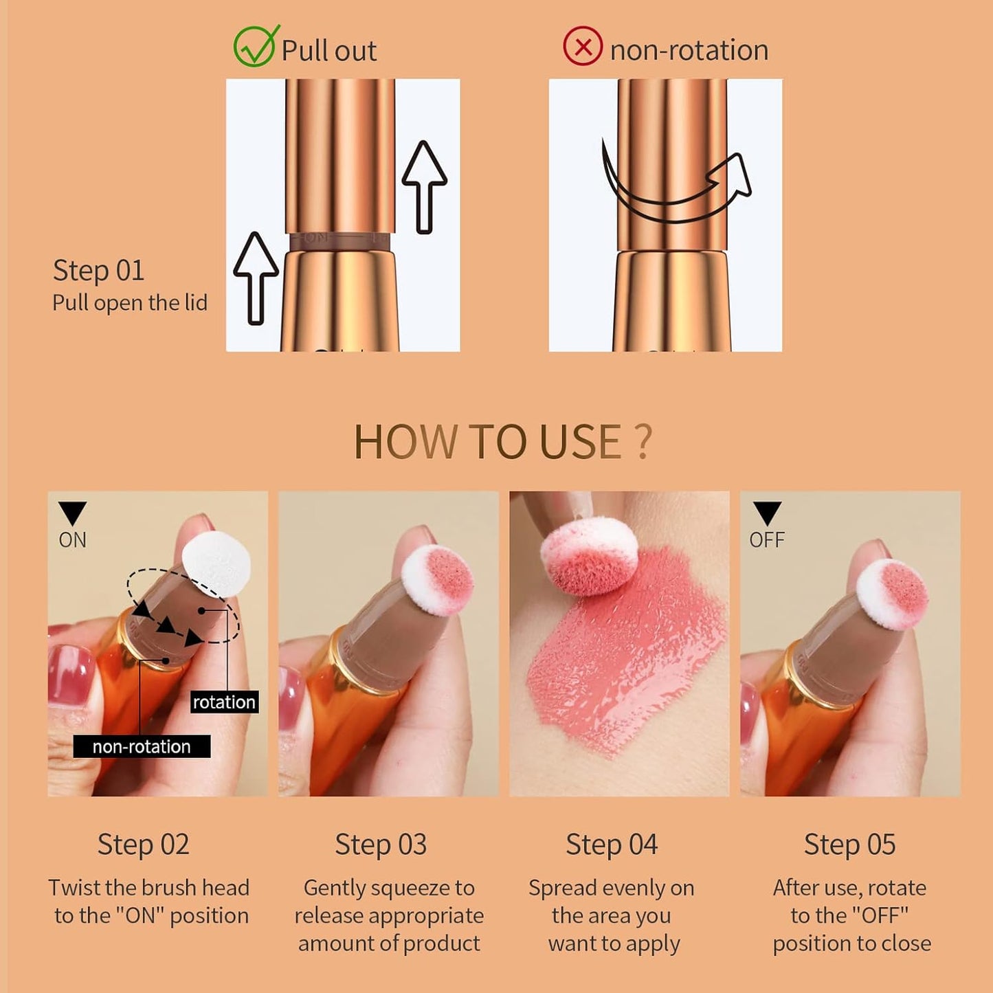 Highlighter Beauty Wand, Cream Liquid Highlighter Makeup Stick, Silky Smooth Face Shimmer Bronzer Stick with Cushion Applicator, Lightweight Body Face Glowing Highlighter, Cruelty-free（Bronze Gold）