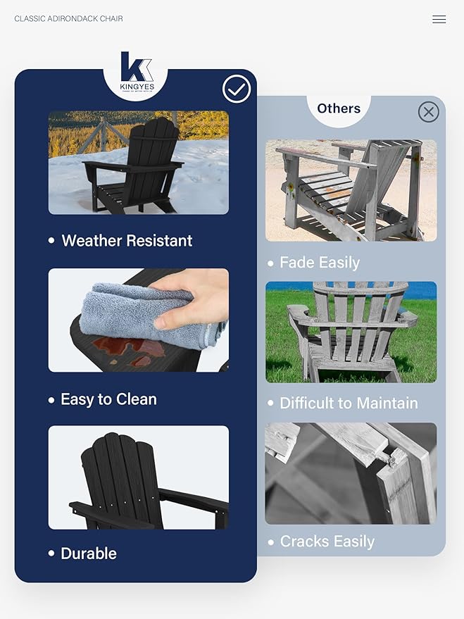 KINGYES HDPE Adirondack Chair, Classic All-Weather Adirondack Chair Set of 4, Black