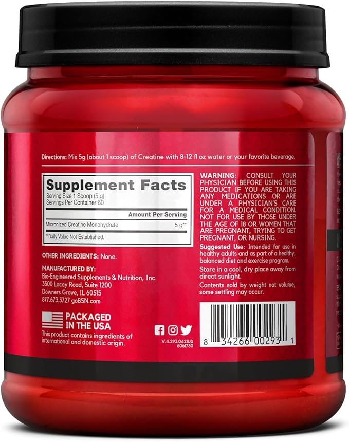 BSN Micronized Creatine Monohydrate Powder, Unflavored, 2 Months Supply-60 Servings, 10.9 ounce