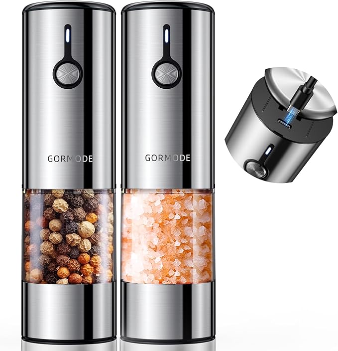 Electric Pepper Grinder and Salt Mill Set - Large Capacity USB Rechargeable Automatic Grinder with Dual LED Lights, One-Handed Operation & Slide Cover - Brushed Stainless Steel