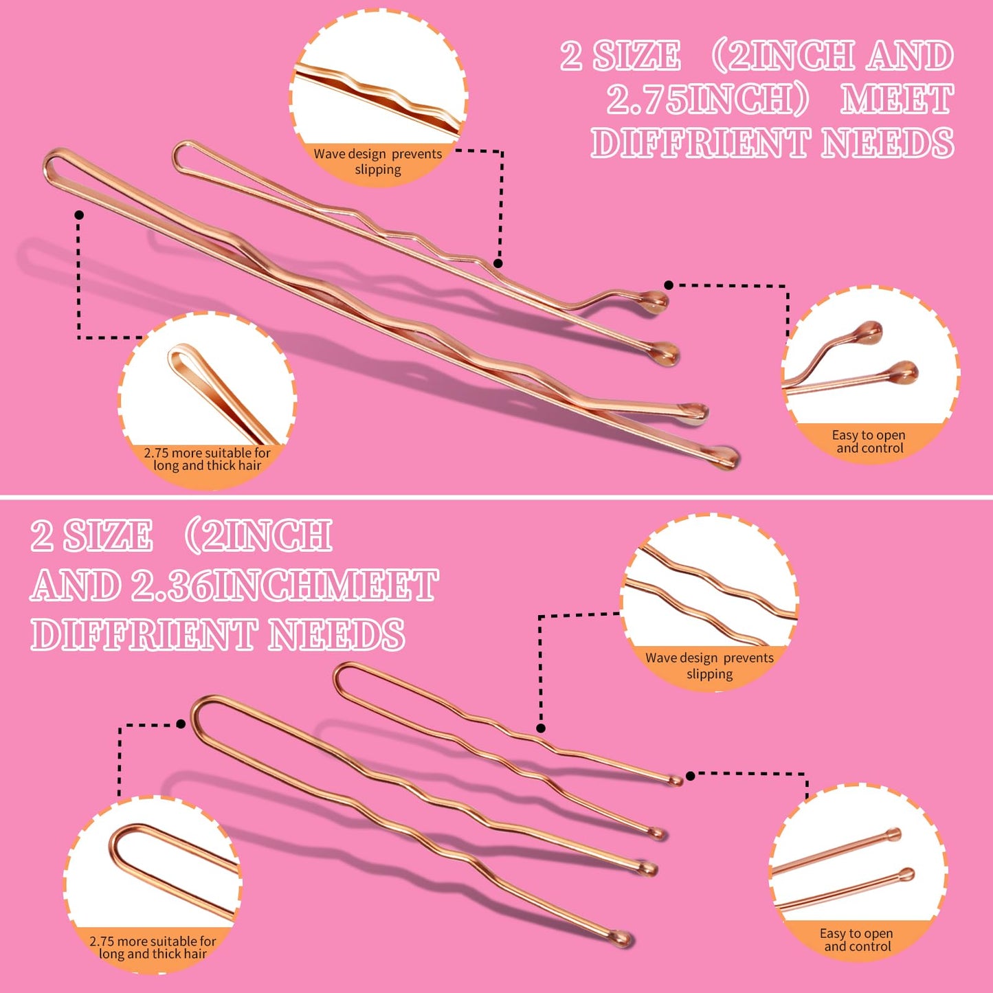 Teenitor 300pcs Bobby Pins Rose Gold Hair, 100 Bobby Pins 100 Hair Pins for Women 100 Hair Bands Kit, Hair Pins for Buns 2  2.36