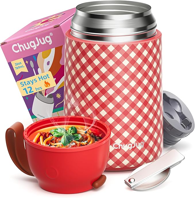 Thermo for Hot Food for Adults Kids | Wide Mouth, 26 oz Insulated Food Jar with Spoon, Leakproof Soup Thermo for School Office Travel, Thermal Steel Lunch Container Easy to Carry (Red)