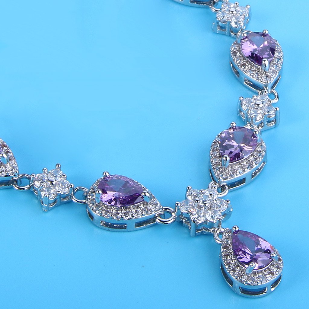 EleQueen Women's Silver-tone Cubic Zirconia Teardrop Flower Bridal V-Necklace Set Dangle Earrings Amethyst Color