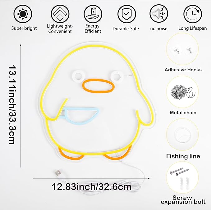 Duck Neon Sign, Dimmable Yellow Duck LED Night Light for Kids Room, Bedroom, Game Room, Living Room, Nursery, Play room & Pet Store Decor, USB Powered Animal Night Light, Party & Birthday Gift