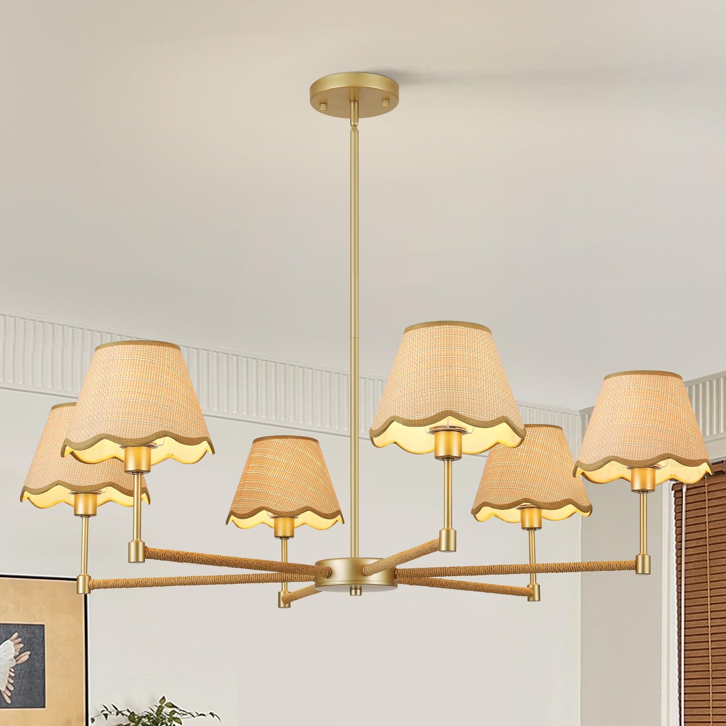 Zxfdwb Farmhouse Rattan Chandelier Light Fixture  6-Light Boho Chandeliers For Dining Room  Adjustable Rustic Pendant Light Large Modern Gold Hanging Lighting For Kitchen Island  Living Room