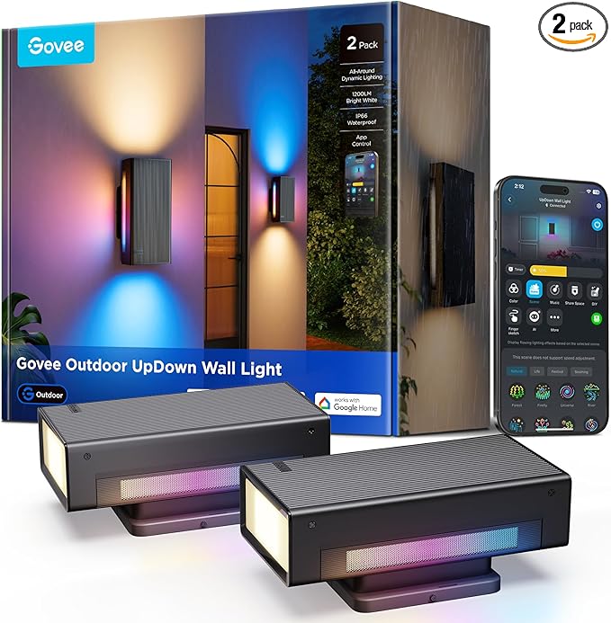 Govee Outdoor UpDown Wall Light, 2 Pack, 1200LM RGBICWW Smart Porch Lights Outdoor with 64 Scene Modes, IP66 Waterproof Wa...