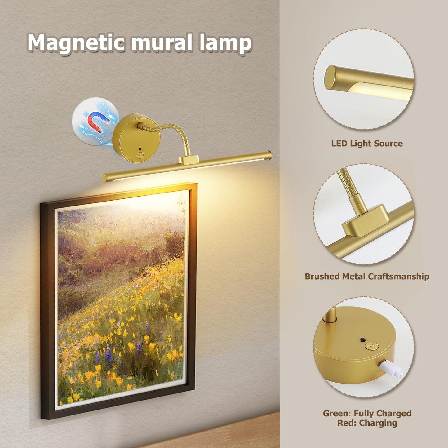 Picture Lights For Wall - Wireless Rechargeable Led Light With Remote  Adjustable Arm  Gold Battery Operated Display Lighting For discomfort-reducingtings  Bedroom  Gallery Wall D?Cor (Gold  12.6 Inch - 2Pack)