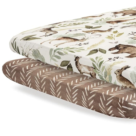 Pobibaby - 2 Pack Premium Pack N Play Sheets Fitted for Standard Pack and Plays and Mini Cribs - Ultra-Soft Cotton Blend, Stylish Woodland Pattern, Safe and Snug for Baby (Wildlife)