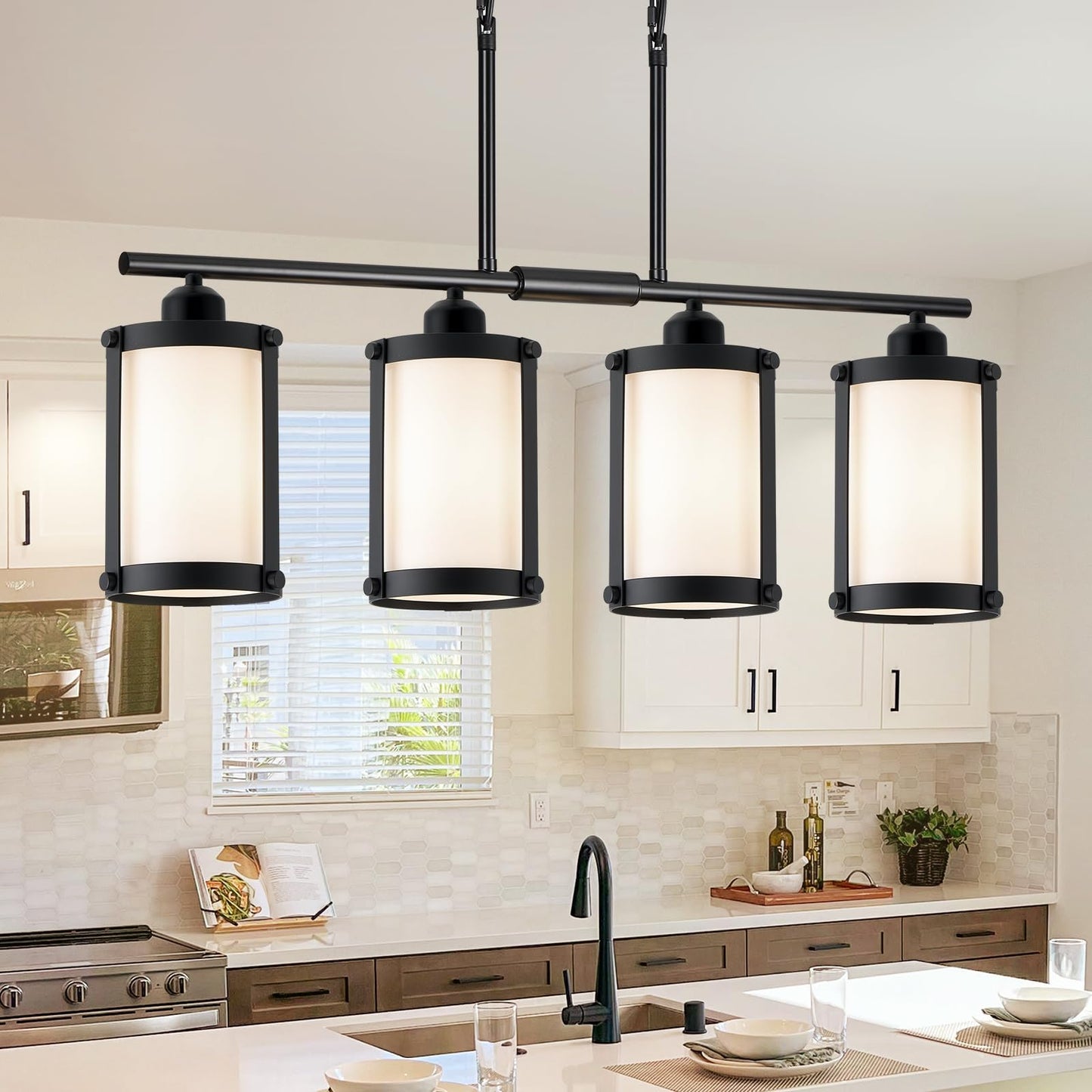 Osimir 4-Light Kitchen Island Lighting  Black Linear Dining Room Light Fixtures With Frosted Glass And Chain  Modern Farmhouse Chandelier Pendant Light For Kitchen Island Dining Room  Os-3014-4Isbkw