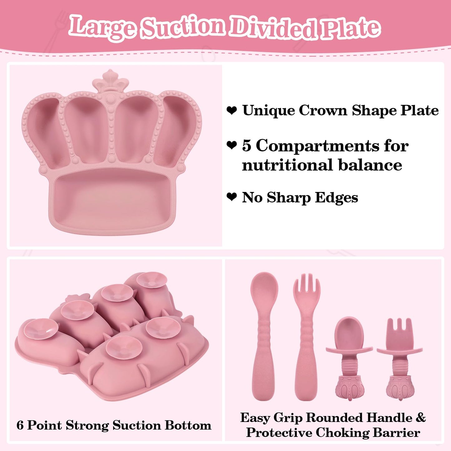 Silicone Baby Feeding Set 10 Pcs Baby Led Weaning Supplies Suction Bowl Divided Plate Baby Bibs Fruit feeder Pacifier Baby Spoons Forks Sippy Cup Utensil Sets Baby Essentials for Newborn （Deep Pink）