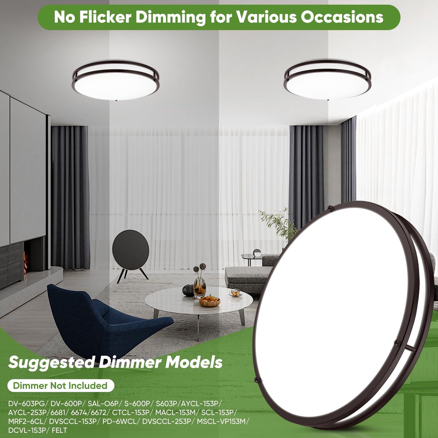 TOBUSA LED Flush Mount Ceiling Lights, 50W, Dimmable, 16in, Oil-Rubbed Bronze, 5600lm, 5CCT, 2-Pack,