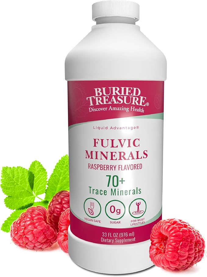 Buried Treasure Fulvic Mineral Complex - 32oz, Natural Raspberry Flavor with Over 70 Plant Derived Minerals Non-GMO Electrolyte Replacement Vegetarian Safe Daily Essential and Trace Minerals
