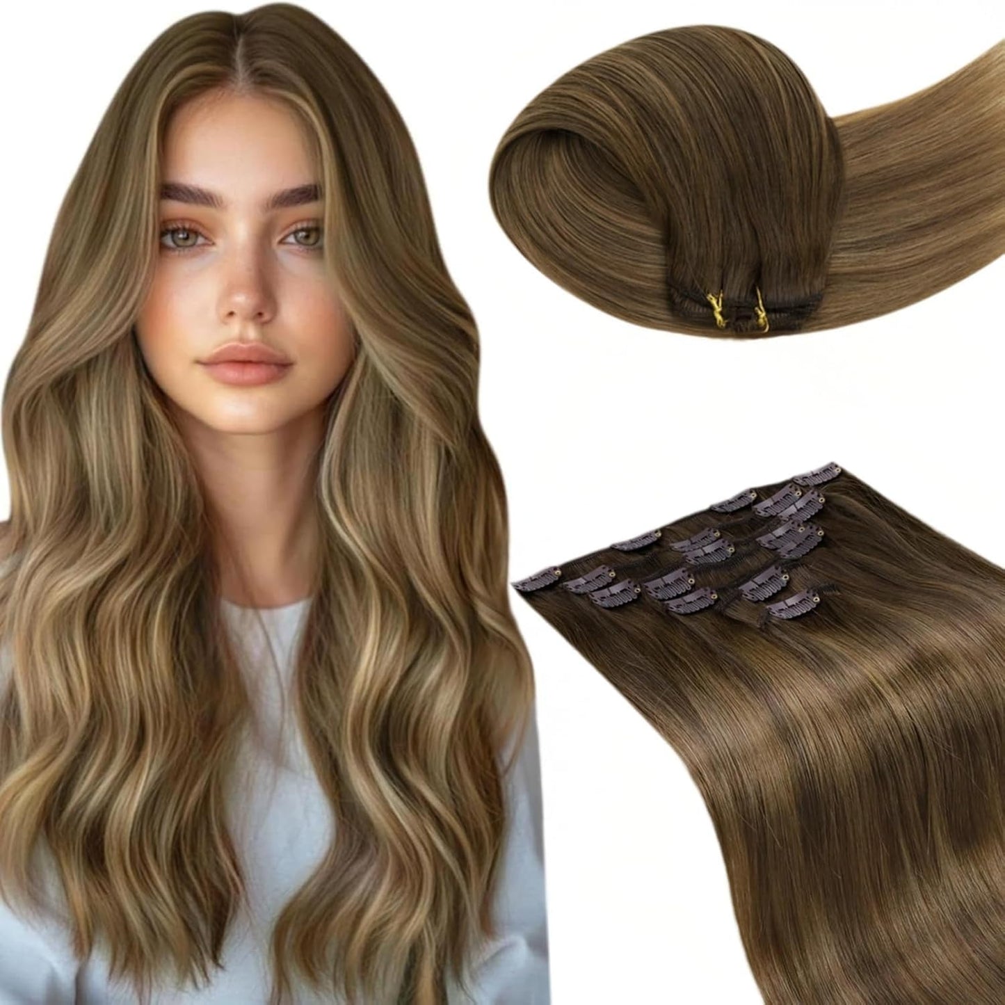 LaaVoo Clip in Hair Extensions Real Human Hair Clip in Extensions Brown Balayage Clip ins Hair Extension 7pcs 120g 20 Inch