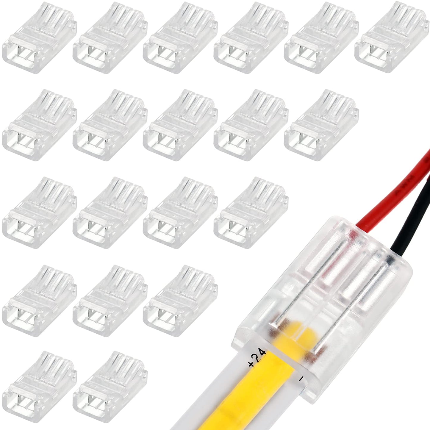 Flutesan COB LED Strip to Wire Connector 20 Pieces Waterproof LED Adapter Connectors Transparent Solderless LED Light Strip for Unwired Gapless Track Lighting(2 Pin, 10 mm)