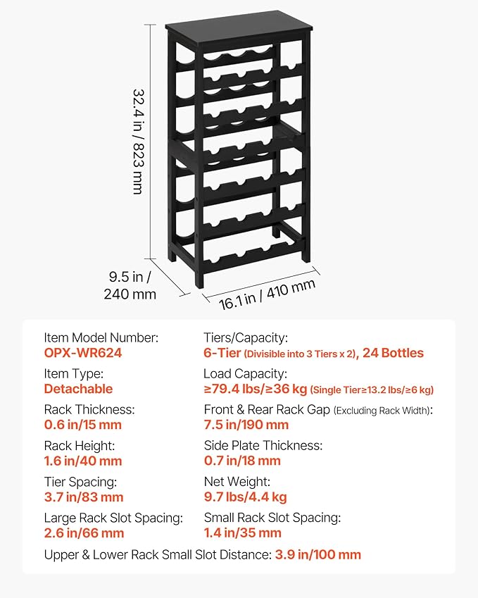 VEVOR 24 Bottle Wine Rack, 6-Tier, Freestanding Floor Display Wine Storage Shelves with Table Top, Easy Assembly Rack Shelf, Premium Material, for Kitchen Cellar Bar Dining Room Living Room, Black