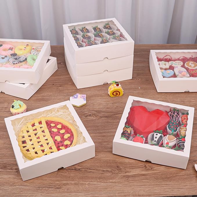 White Bakery Boxes (12pcs, 9x9x2.5 Inches) – For Valentine's & Christmas: Ideal for Cookies, Pie, Chocolate Covered Strawberries, Breakable Heart & Charcuterie