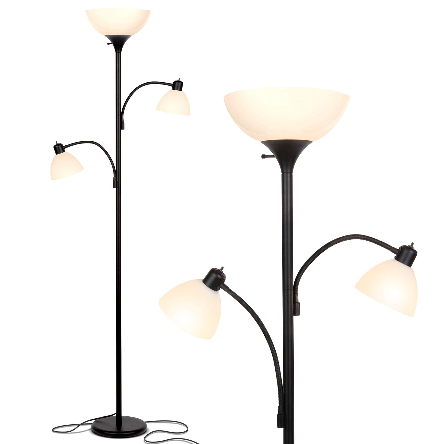 Brightech Sky Dome Double Led Floor Lamp - Dimmable Black Torchiere With 2 Reading Lamps For Living Rooms & Offices - Model Fl-Dme2-Blk