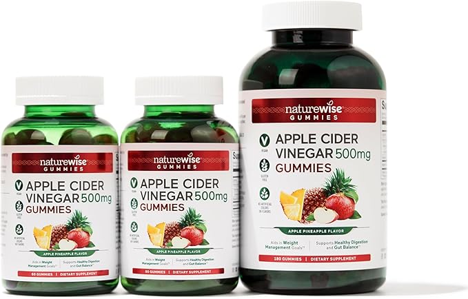 NatureWise Apple Cider Vinegar Gummies - 1000mg ACV per 2 + Vitamin B12 - Pectin Based Vegan, Gluten-Free, Non-GMO - 60 Count[30-Day Supply for 1000mg or 2-Month Supply for 500mg]
