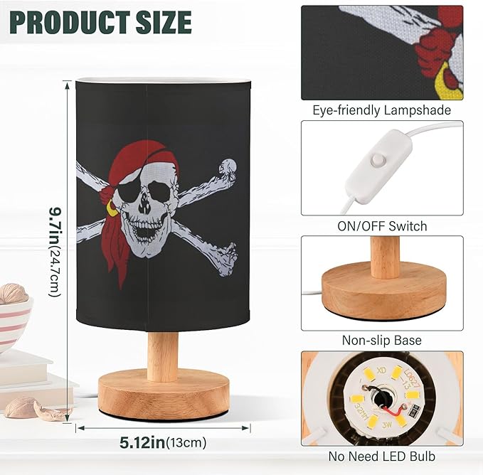 Table Lamp Pirate Skull Crossbones on Black Nightstand Lamp with Wood Base Fabric Lamp Shade Bedside Desk Lamp for Living Room Bedroom Kids Room Office
