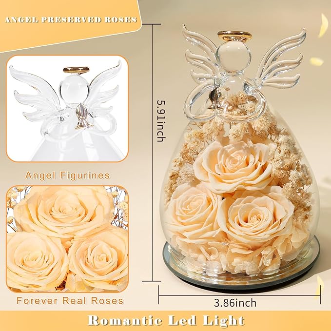 Beferr Valentines Day Rose Gifts for Her Women Mom Gifts for Birthday, Fresh Flowers for Delivery Forever Preserved Rose in Glass Angel Figurine, for Grandma Wife Daughter Girlfriend