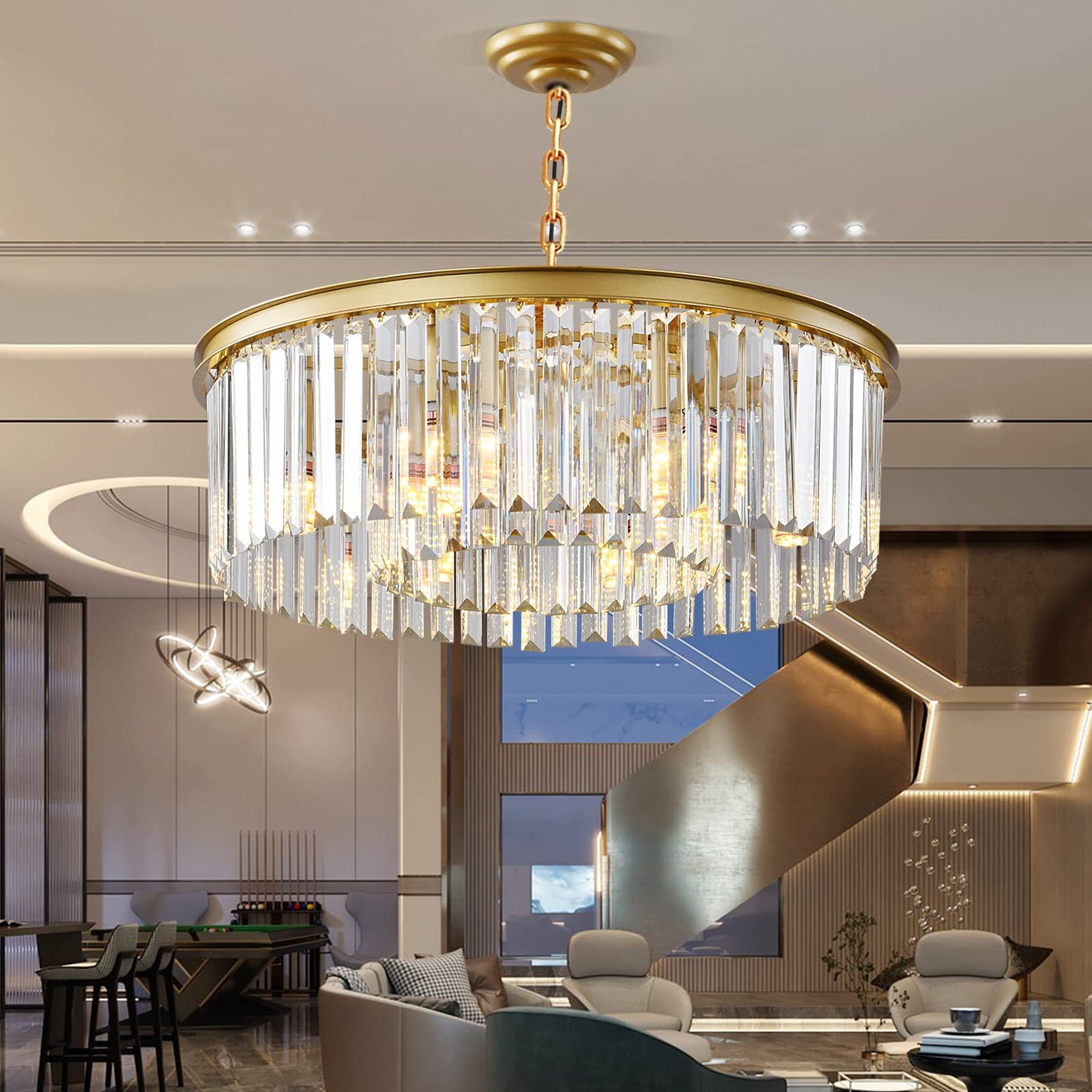 Laiuetai Gold Modern Crystal Chandelier  2-Tier Round Flush Mount Ceiling Light Fixtures Height Adjustable Pendant Lighting For Dining Room Living Room Bedroom Kitchen Hotel Foyer