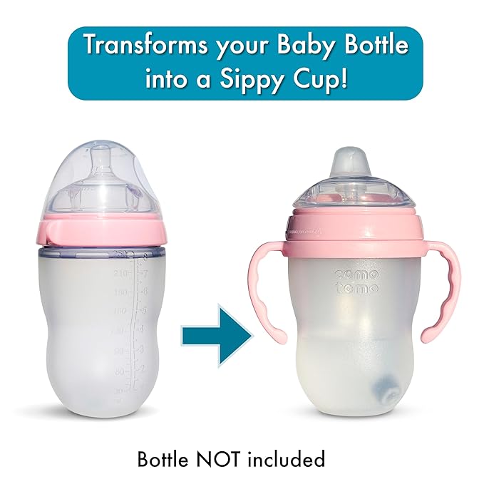 Sippy Cup Conversion Kit for Comotomo Baby Bottles 2-Count, Soft Food Grade Silicone Spout Nipples, All Silicone Weighted Straw, Bottle Handles, Cleaning Brush, BPA-Free, 4+ months (Sippy Spout, Pink)