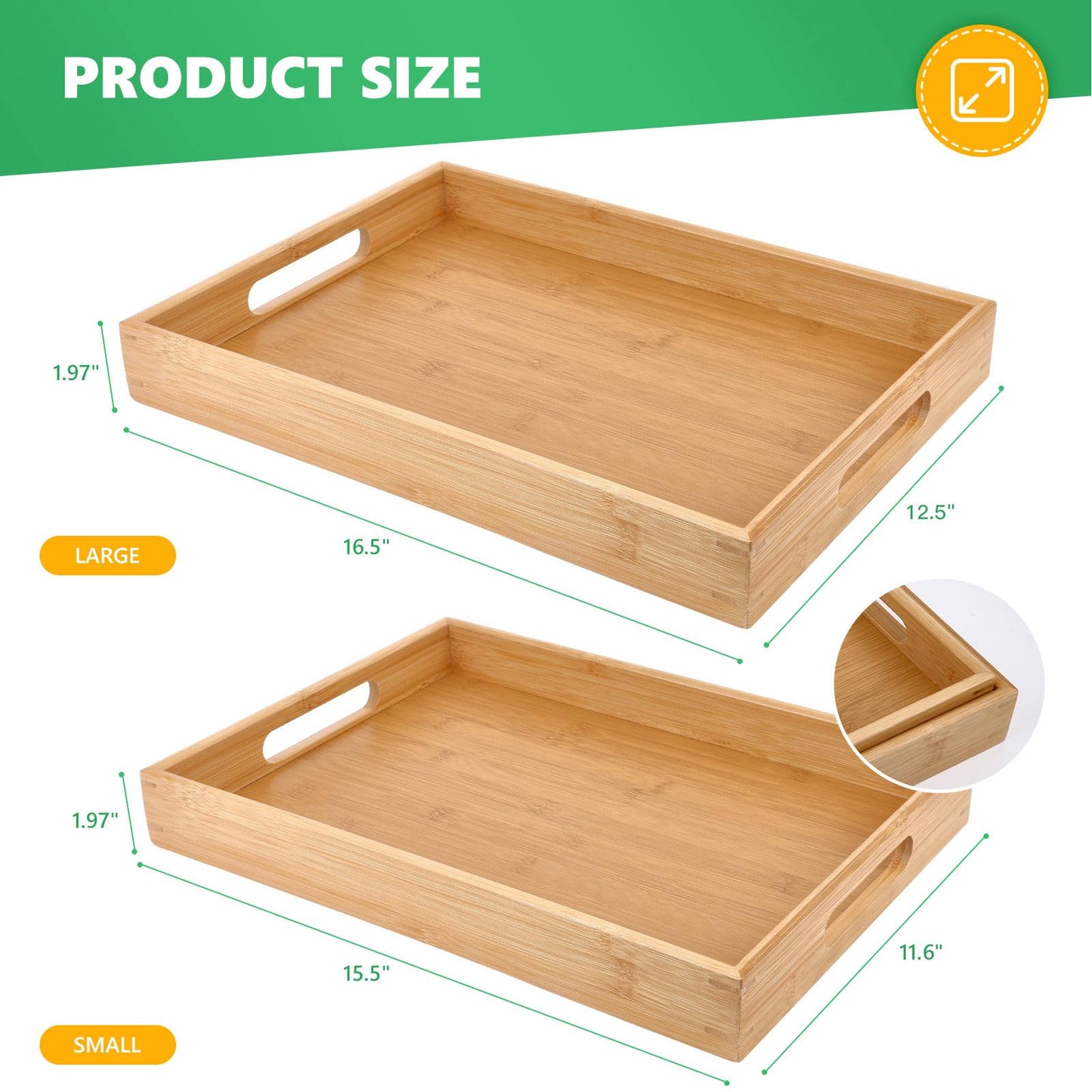 Sgigiul Bamboo Dinner Food Trays for Eating On Couch Party Platters for Serving Food Decorative Tray for Kitchen Counter Rectangle(16.5" Lx11.6''W and 15.5''Lx10.6''W)