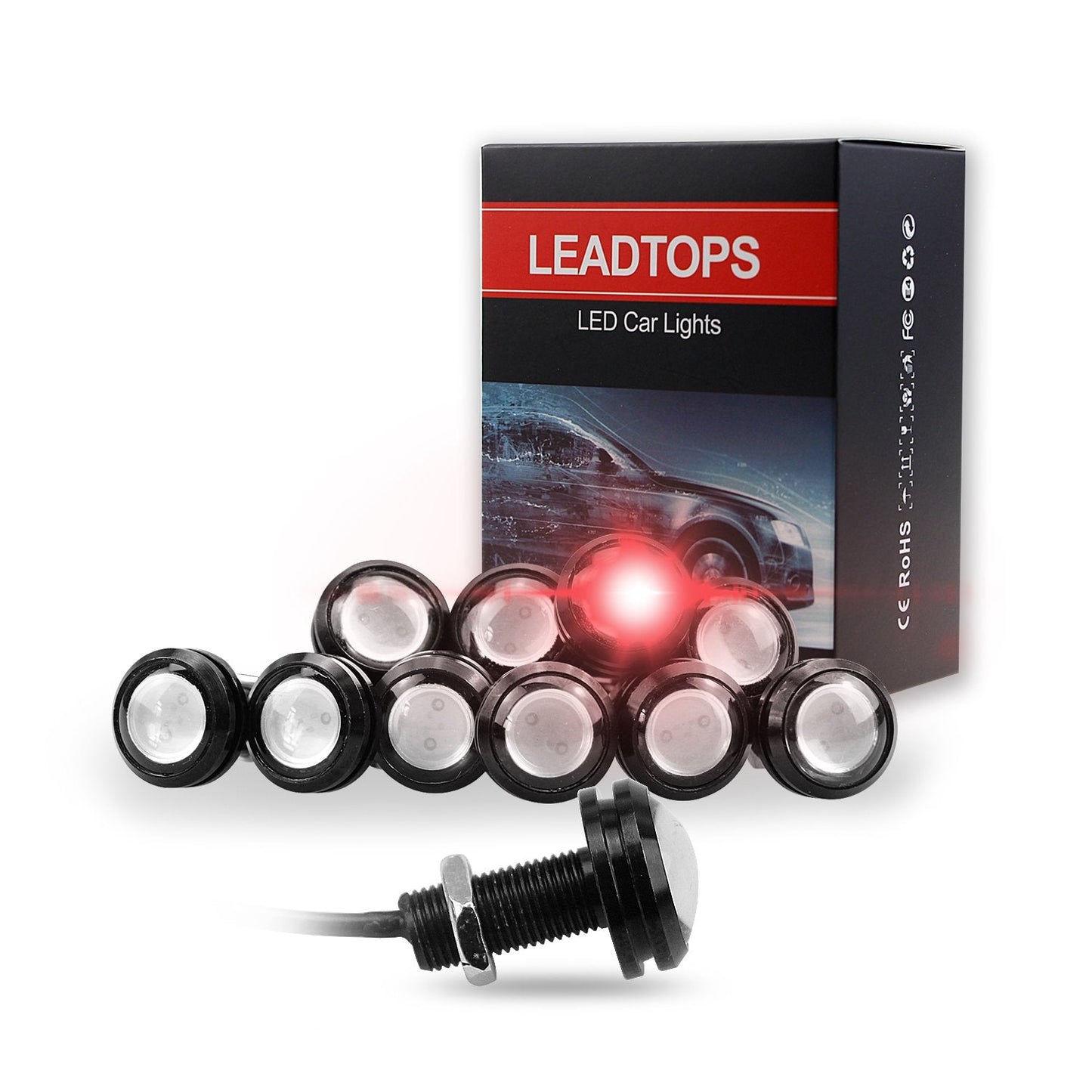 LEADTOPS 10Pcs Eagle Eye LED Car Fog Lights, 18mm, 12V, Black Case, Red Light, Model 13