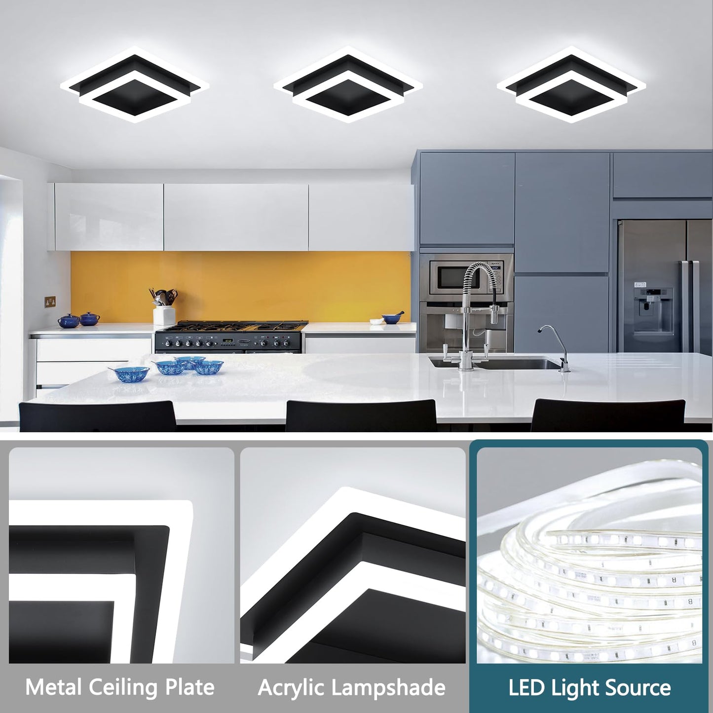 Eidisuny Modern Led Ceiling Light  Hallway Flush Mount Ceiling Light  32W  6000K  Black Square Hallway Lighting Fixtures For Living Room Kitchen Bedroom (Black) 2 Pack