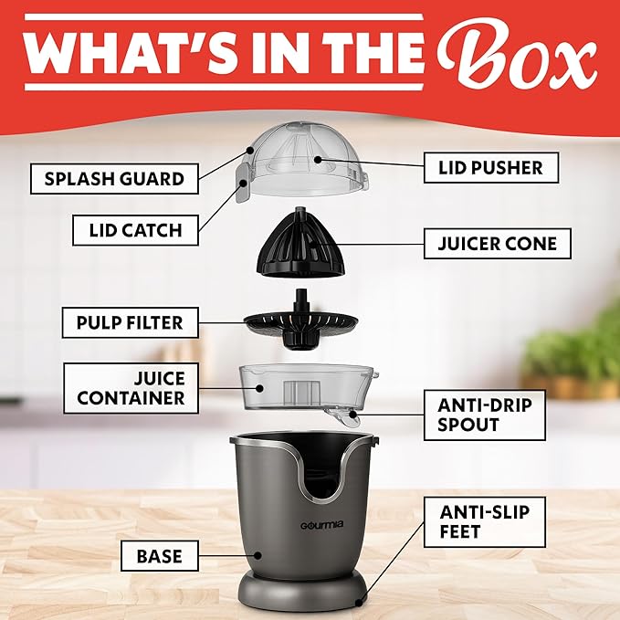 Gourmia Hands Automatic Citrus Juicer with One-Touch Operation - Universal Cone, Anti-Drip Spout, Dishwasher Safe Accessories, Compact, Quiet 60W Motor