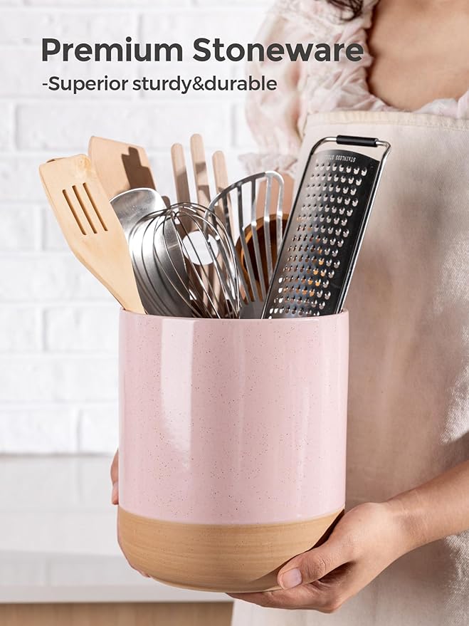 AmorArc Ceramic Utensil Holder, 7.25"+5.4" Cooking Utensil Crock for Countertop, Kitchen Countertop Organizer with Rustic Terracotta Underside for Spatula, Set of 2