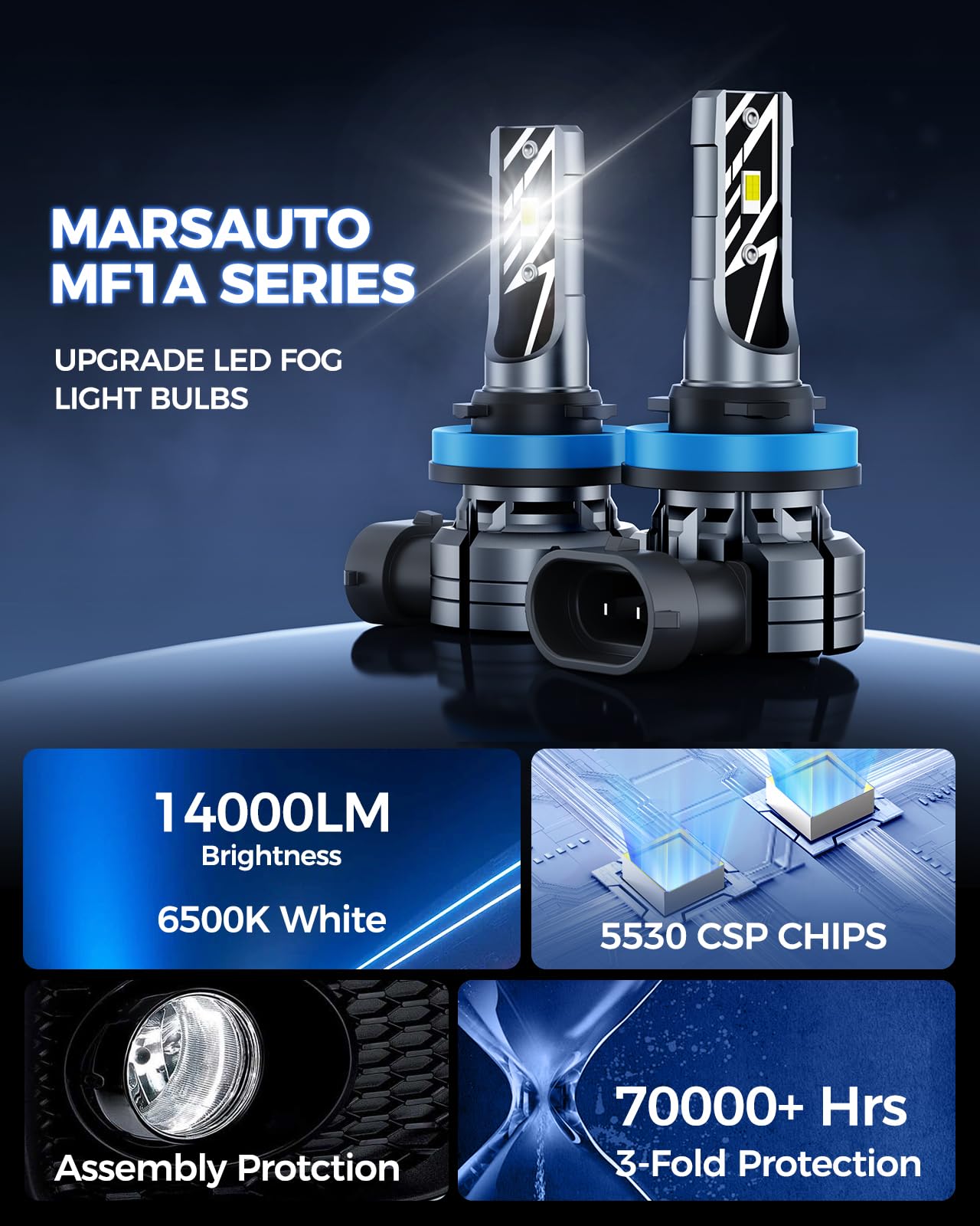 Marsauto H11/H16/H8 Led Fog Light Bulb  14 000Lm 6500K White H11 H16 H8 Led Fog Lights  70000Hrs Lifespan H11 Fog Light Bulbs For Car  Play And Plug  Exterior Lighting