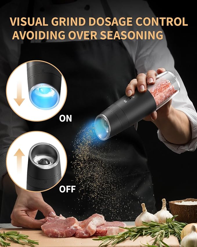 CIRCLE JOY Gravity Electric Salt and Pepper Grinder Set Automatic Shakers Upgraded Pepper Mill with Rechargeable Base, External Adjustable Coarseness, LED Light, Easy Refill for Kitchen & Outdoor