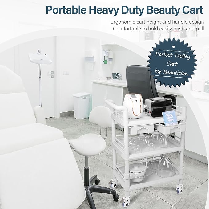 Beauty Salon Trolley Cart, Esthetician Cart with Wheels & Bucket and 2 Big Drawer, 3 Tier Heavy Duty SPA, Load 330lbs, 360° Rotate Silent Wheels for Beauty Salon SPA Hospital Office Lab