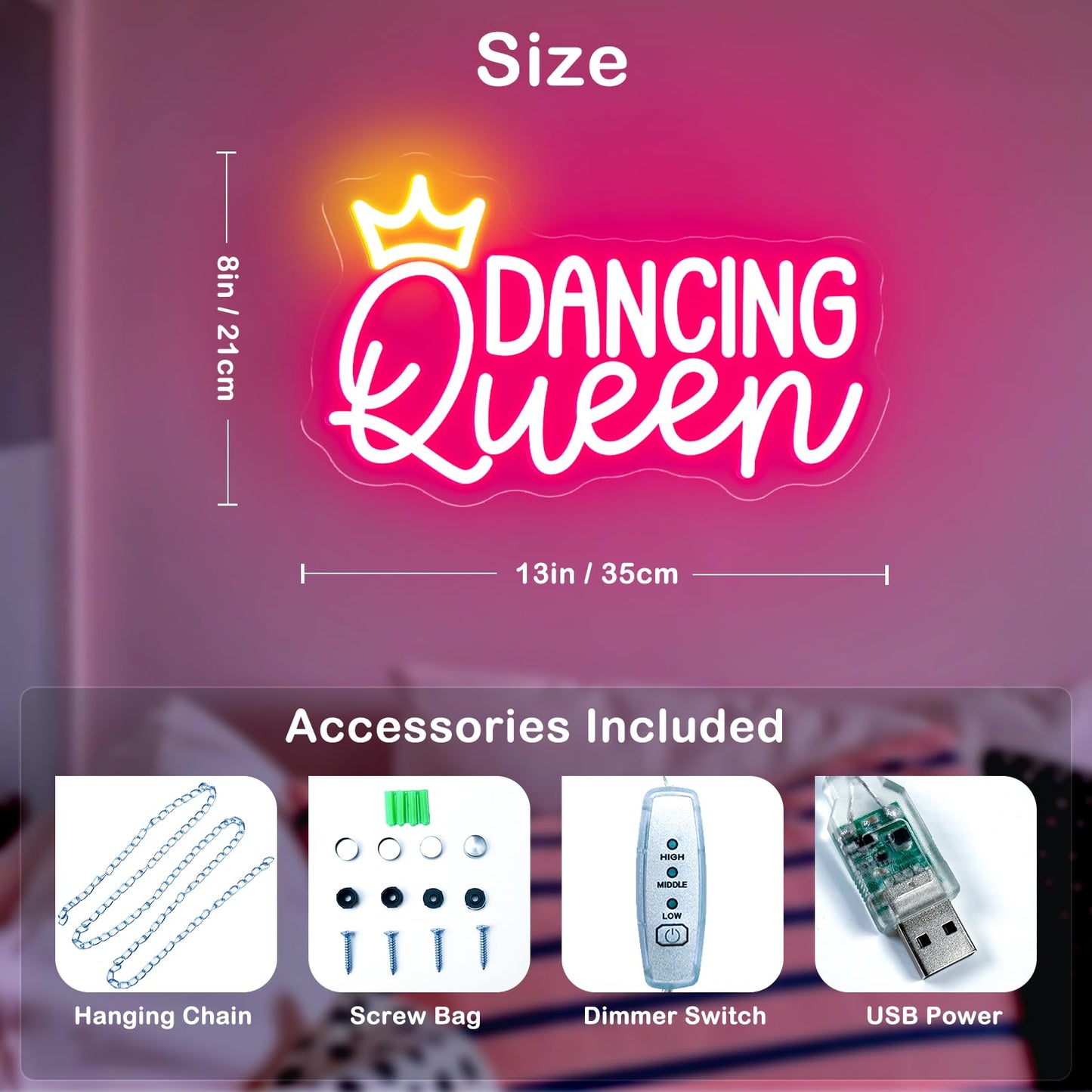 Dancing Queen Neon Sign LetS Dance Dimmable Led Signs For Wall Decor Neon Lights For Dance Room Dancing Party Bar Club Birthday Party Decoration Gift For Girl Kid Lover 35Cm*21Cm