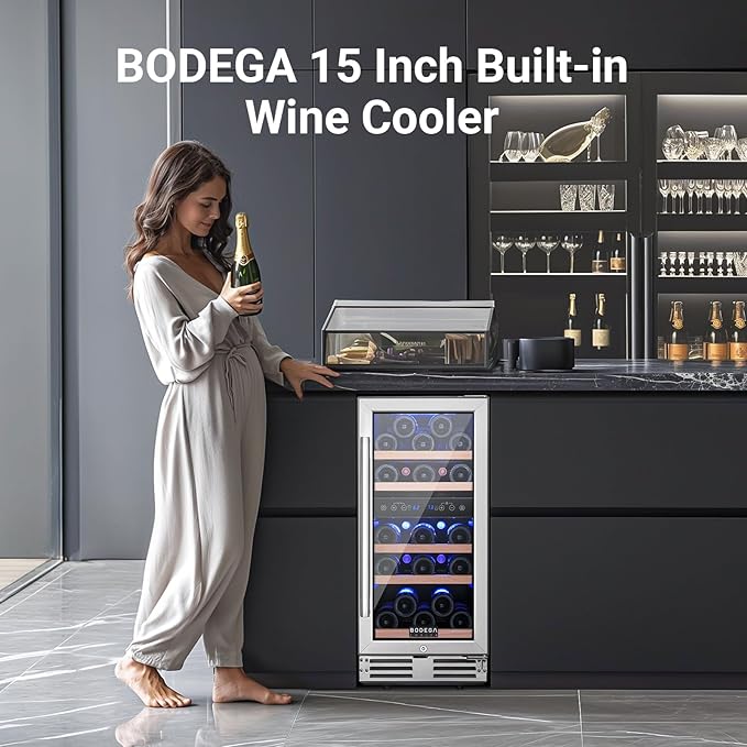 BODEGA 15” wine cooler, Dual Zone Wine Fridge With Double-Layer Glass Door, Built In or Freestanding Wine Cooler Refrigerator With Stainless Steel Handle, 30 Bottles Wine Fridge. Gift for Christmas.