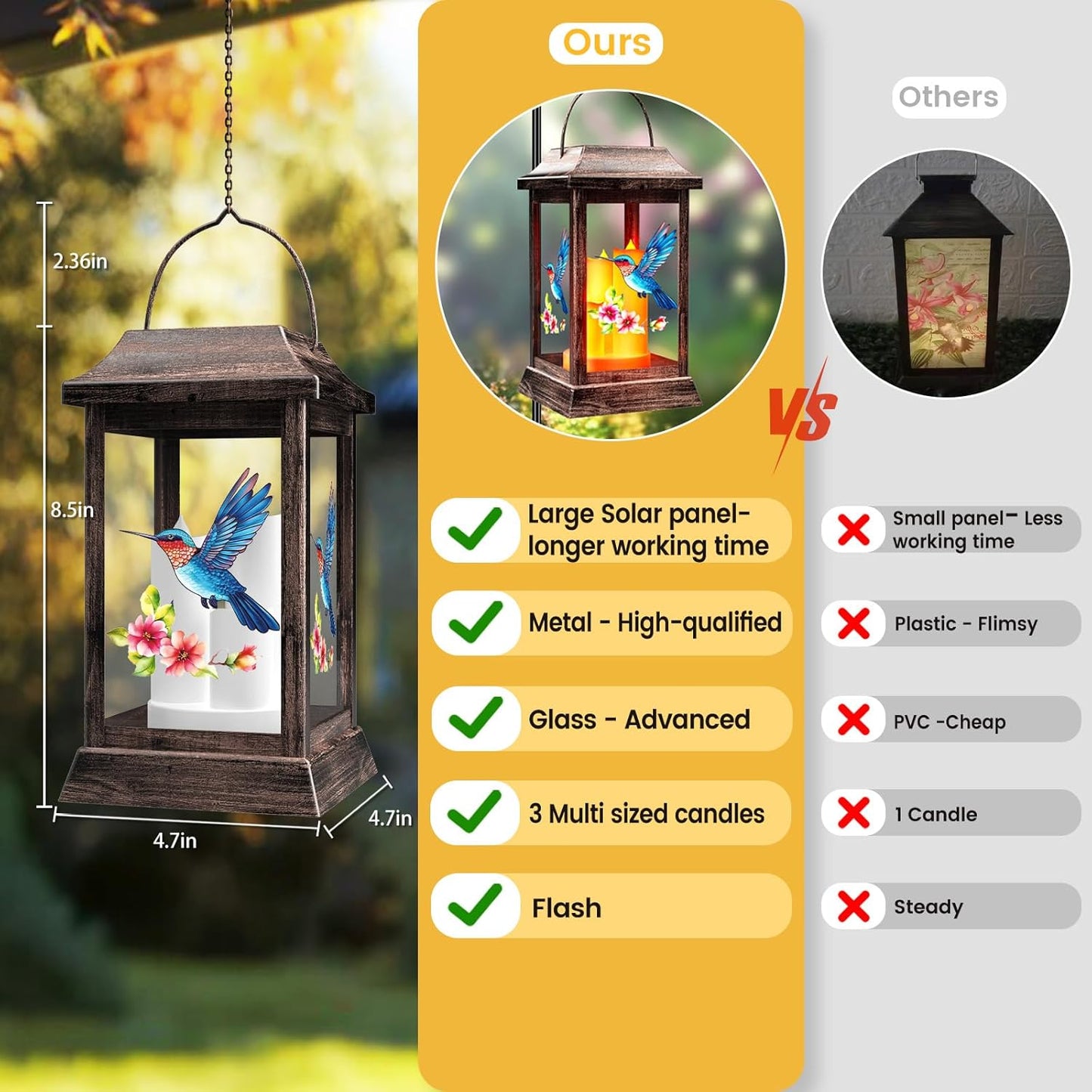 Hummingbird Solar Lanterns Outdoor, Metal Glass Hanging Solar Lights, Gardening Gifts for Mom Women Mother's Day, Waterproof Garden Decor Decorative Lights for Outside Yard Porch Patio Decorations