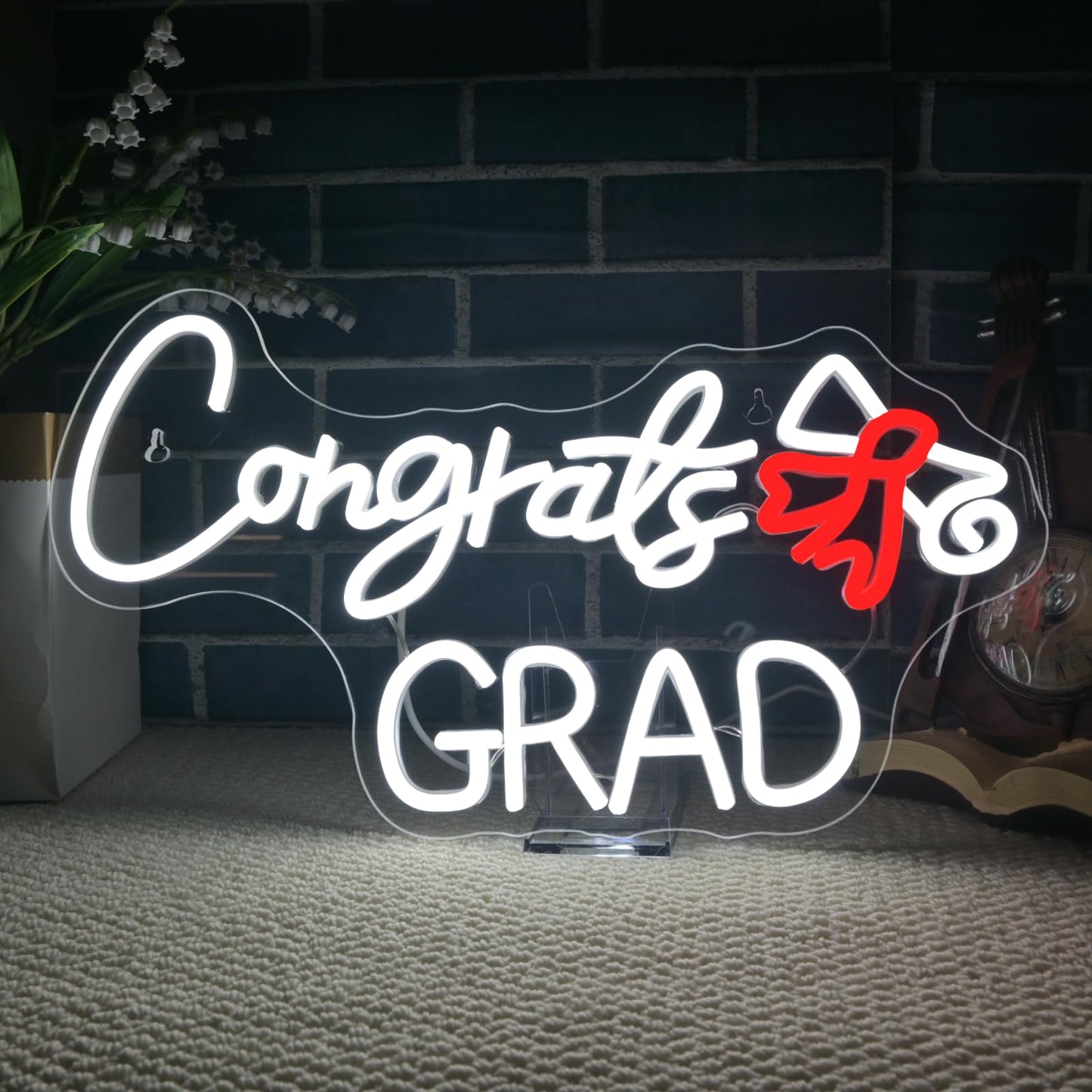 Wlhope Congrats Grad Neon Sign With Scroll Graduation Decorations 2025 White Red Led Lights For Party College High School Class Graduation Gifts