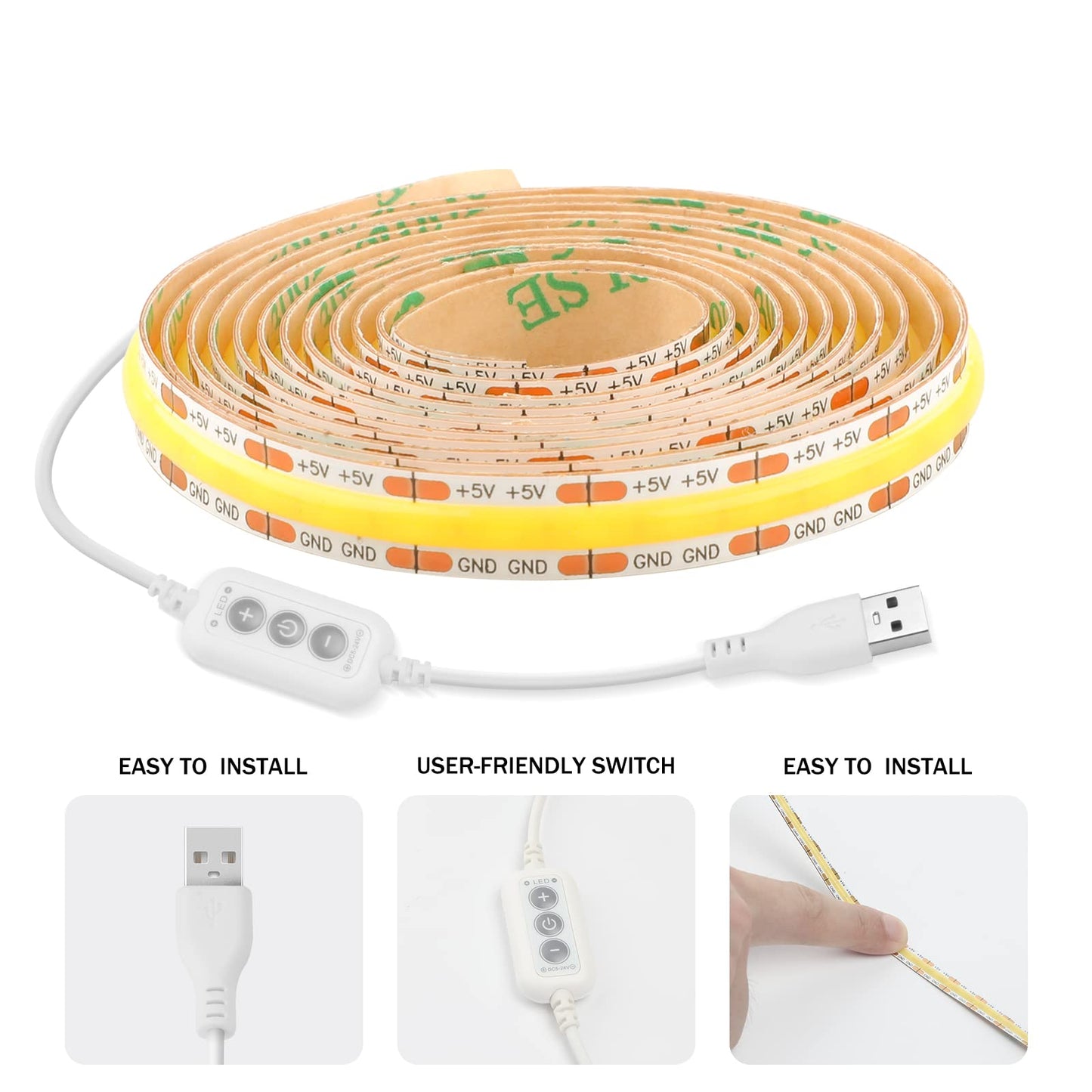 Qige Usb Cob Led Strip Lights, 4.92Ft, 480 Leds, Dimmable, 5000K Daylight White, Flexible Under Cabinet Tape Light For Home Diy