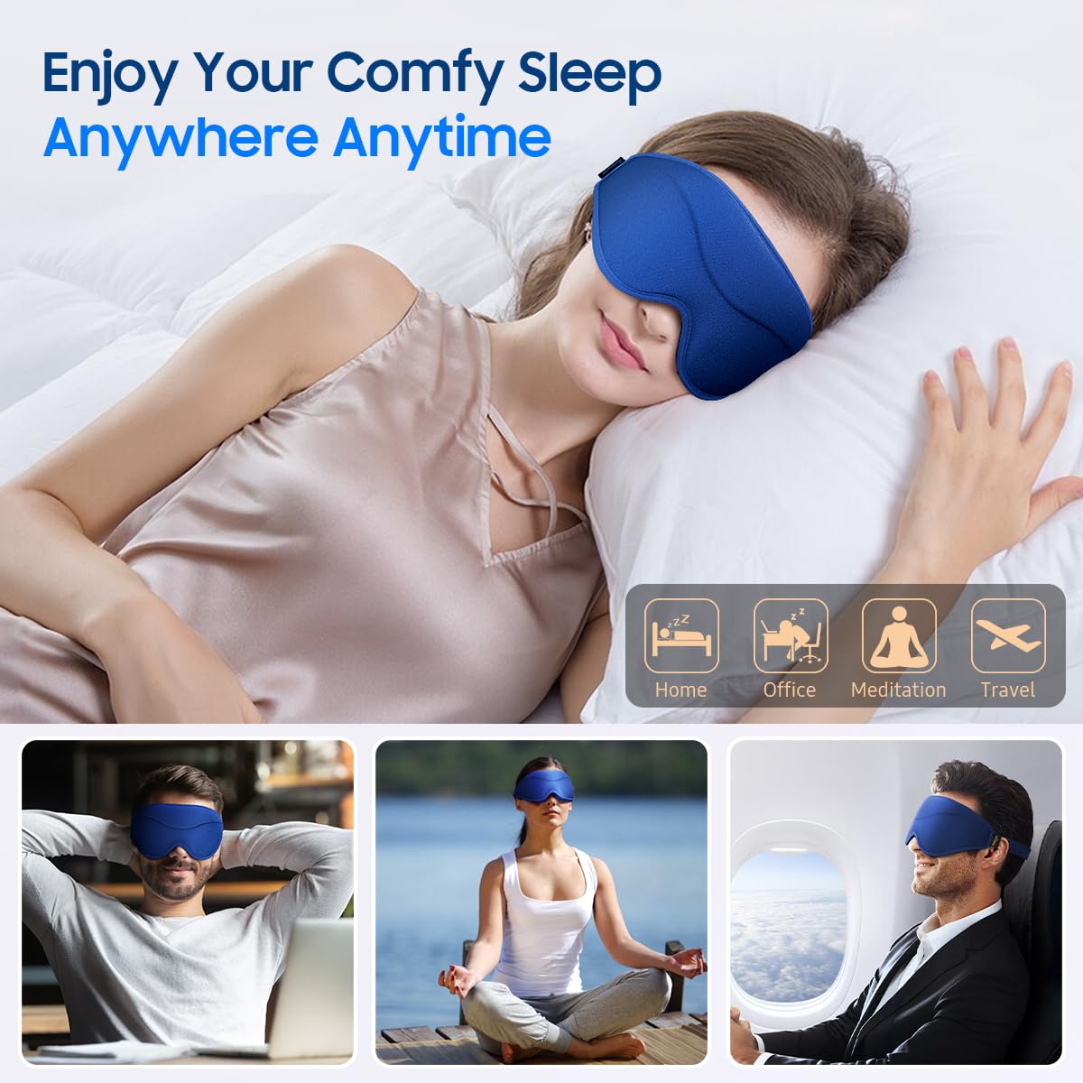 BeHoomi Sleep Mask, Premium Eye Mask for Sleeping, Total Blackout, Superior Soft Comfort, Upgraded 3D Ergonomic Designed Sleeping Mask for Home, Office, Travel, Meditation, Royal Blue