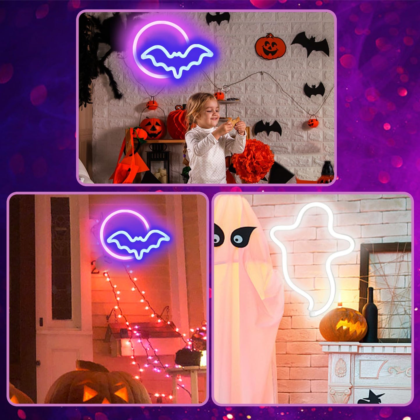 Brightdeck 2 Pack Halloween Neon Signs  White Ghost  Blue Bat Full Moon Neon Lights Decorations  Usb/Battery Powered Led Neon Sign For Halloween Wall Decor  Bedroom  Kids Gift  Bar  Party(Full Moon)