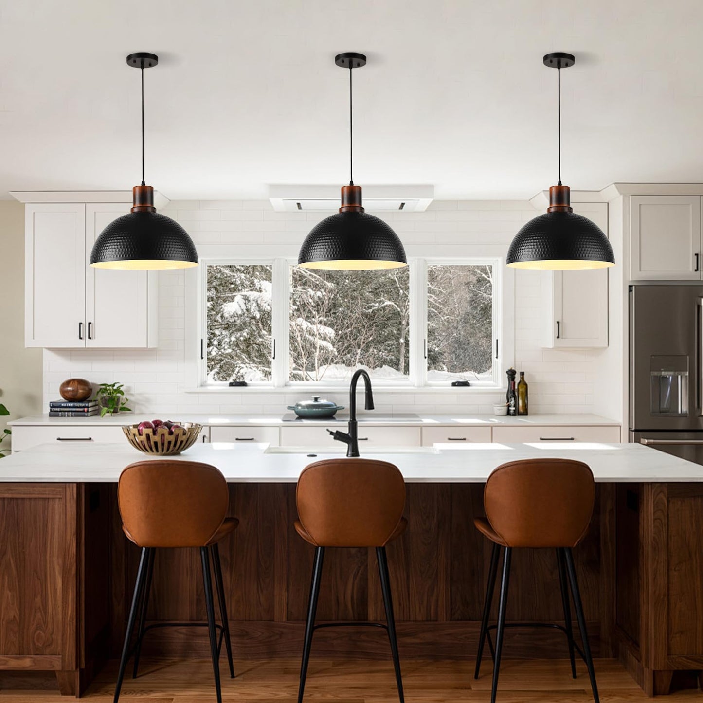 Mgcanyu 2 Pack Solid Wood Pendant Lights 16 Hammered Metal Black Finish Hanging Lighting Modern Lamp Industrial Dome Ceiling Light Fixtures For Kitchen Island Farmhouse Dining Room