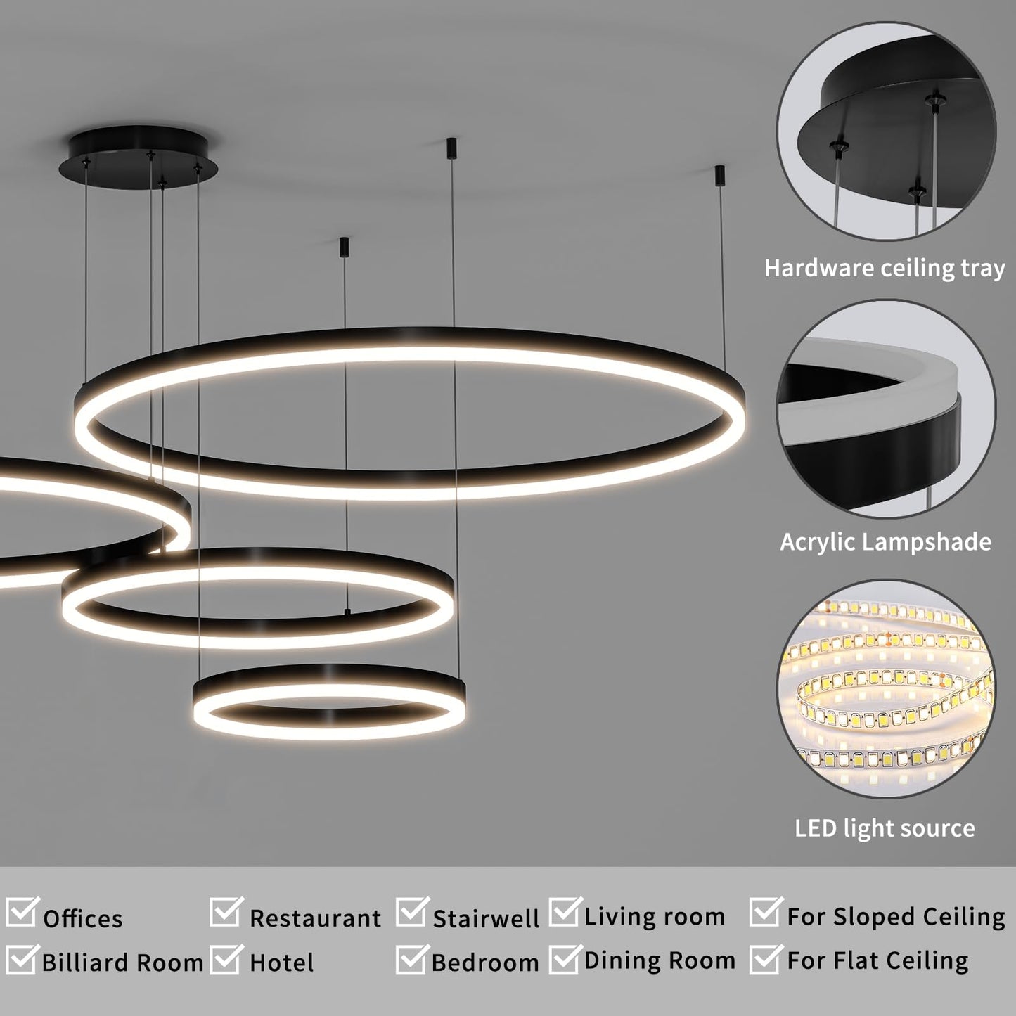 Mikeru Modern LED Chandelier Light, Remote Control, 3000K-6500K, 11.8+15.7+23.6+31.5IN, Aluminum,