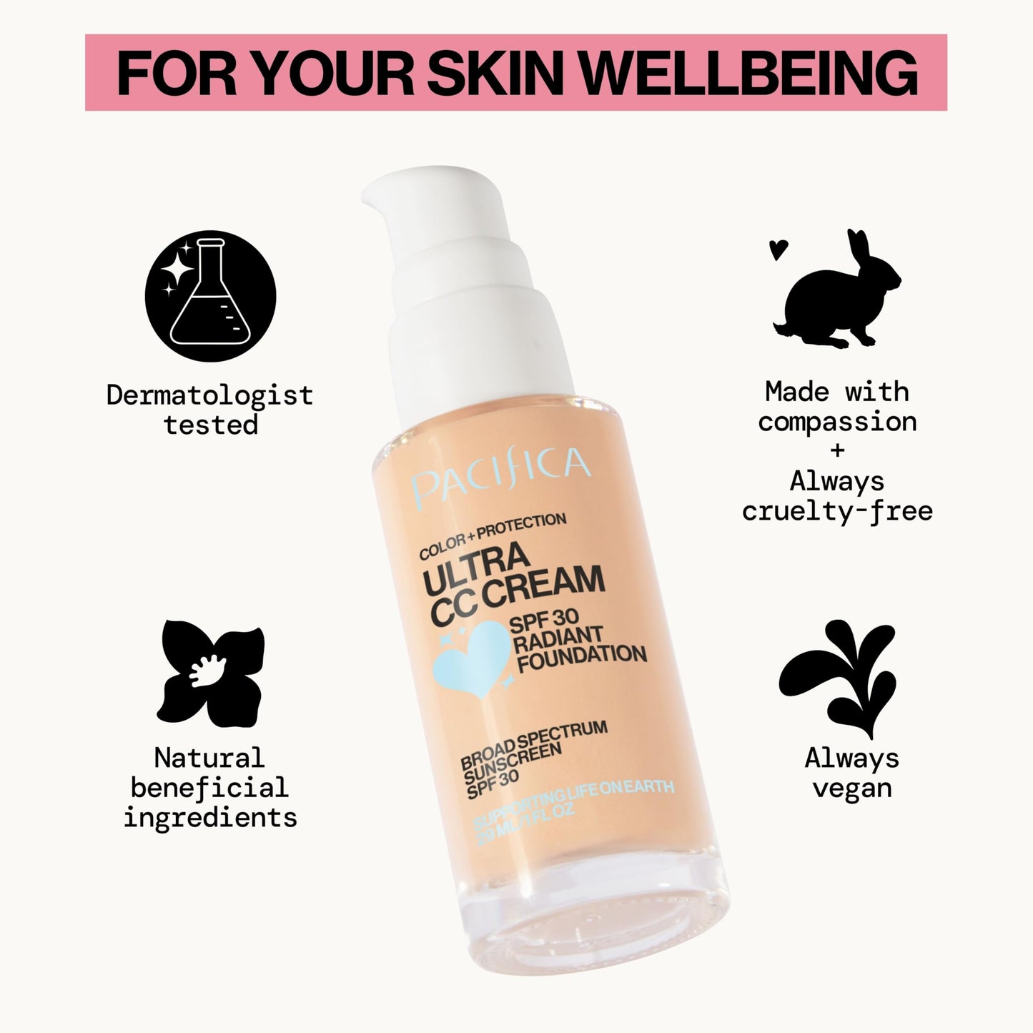 Pacifica Ultra CC Cream Radiant Foundation SPF 17 (Natural Medium) - Medium-Coverage Tinted Moisturizer + Mineral Sunscreen, Dew