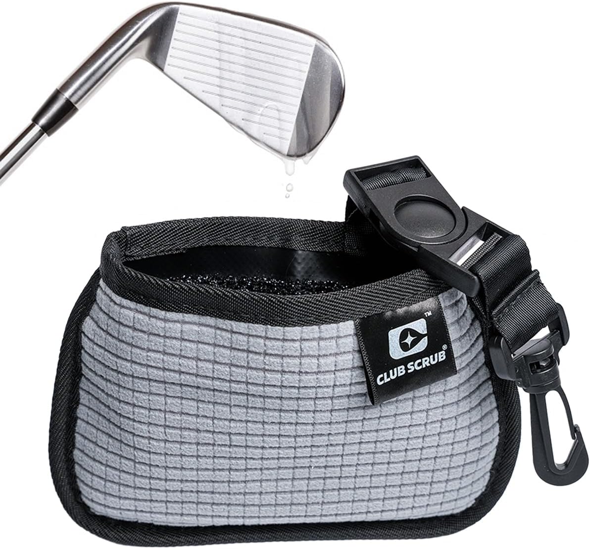 Club Scrub Mini, Golf Club and Golf Ball Cleaning Bag, Waterproof Clean Face Technology Liner, Detachable Clip, Machine Washable, Cleans Club Grooves, Dry Exterior (Gray)