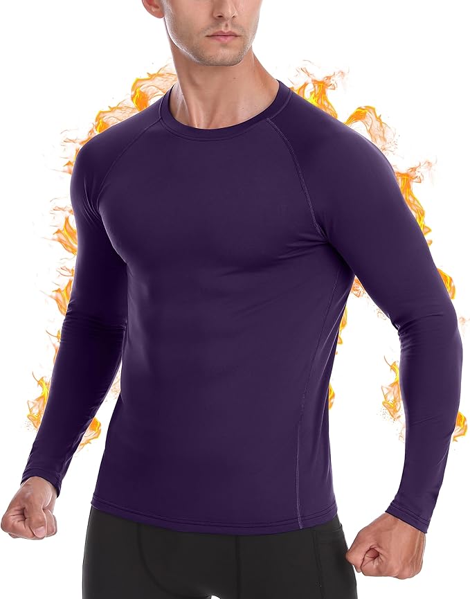EoBeKee Mens Thermal Compression Shirts, Warm Long Sleeve Fleece Lined Tops Athletic Base Layer for Running Cold Weather