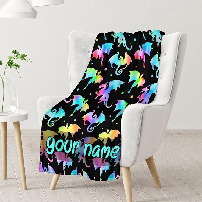 Custom Dragon Blanket Gifts with Name - 50x60 Inches Novelty Throw Blanket for Babies, Kids, Boys & Girls - Black Soft Fuzzy Blankets for Couch, Sofa & Bed