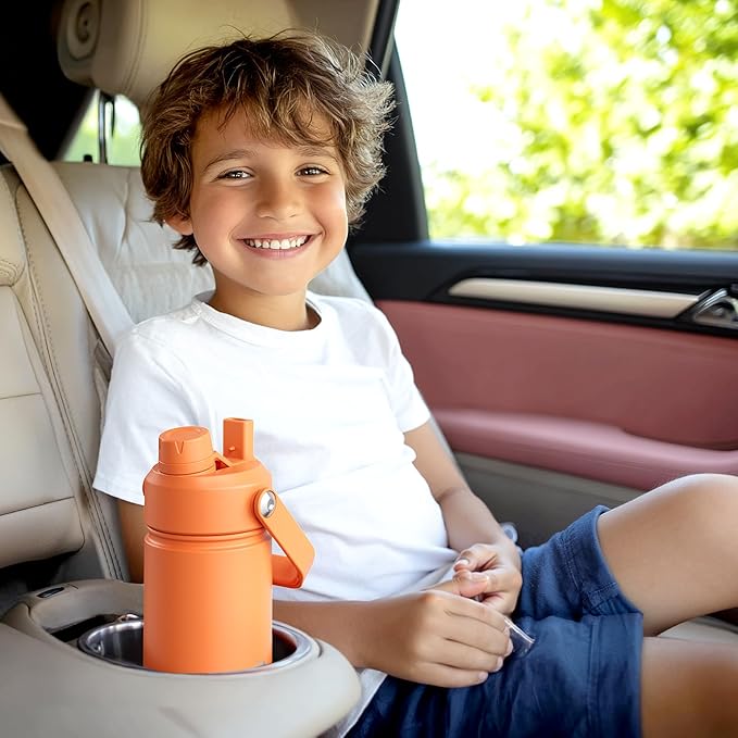 Kids Insulated Water Bottle with Straw - 12oz Stainless Steel Water Bottle with Dual Spouts, Leak-Proof, BPA-Free, Double Wall Vacuum Keeps Cold for 24 Hours for Sports, Travel, School (Raw Umber)